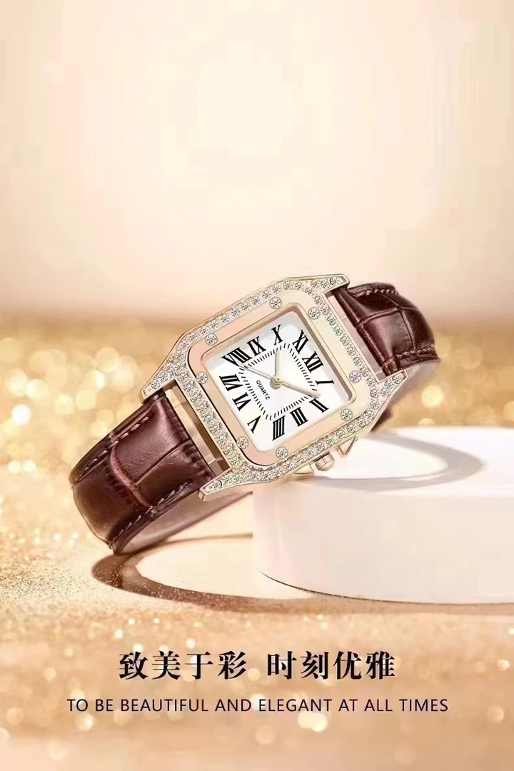 方形棕皮色色百搭女士复古百搭石英表