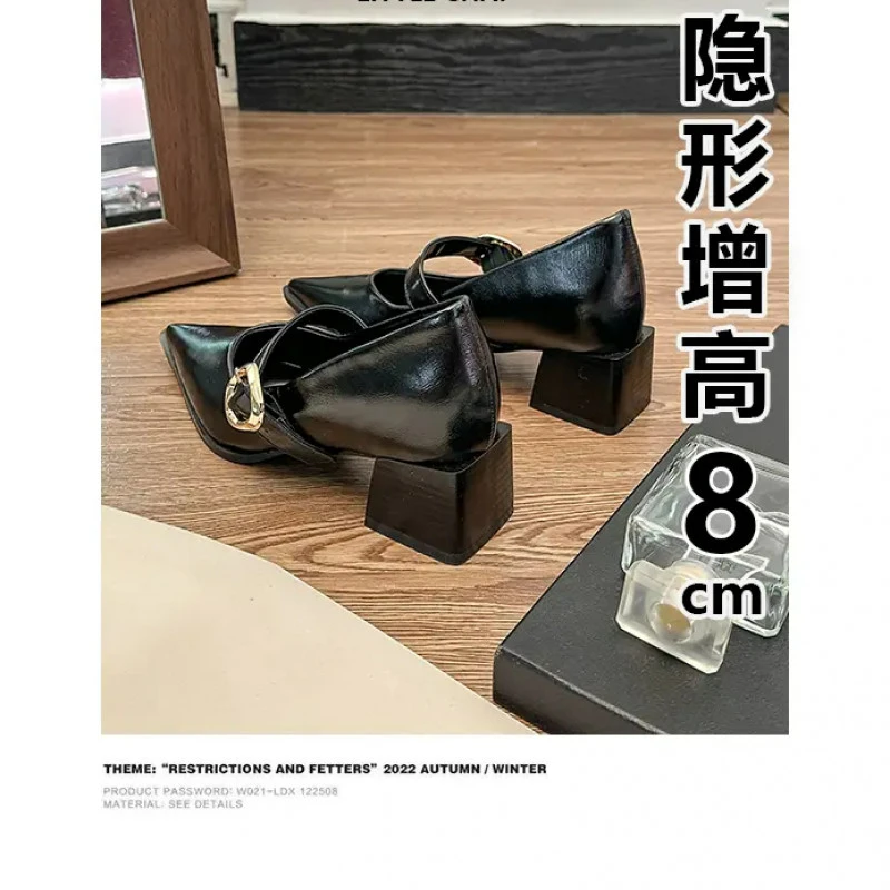 欧若风~尖头内增高玛丽珍单鞋女2025新款春秋粗跟小个子高跟鞋子