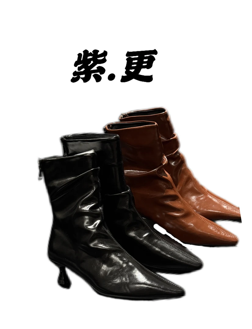 【紫.更】尖头高跟韩版冬短靴气质女靴时装靴时尚筒靴