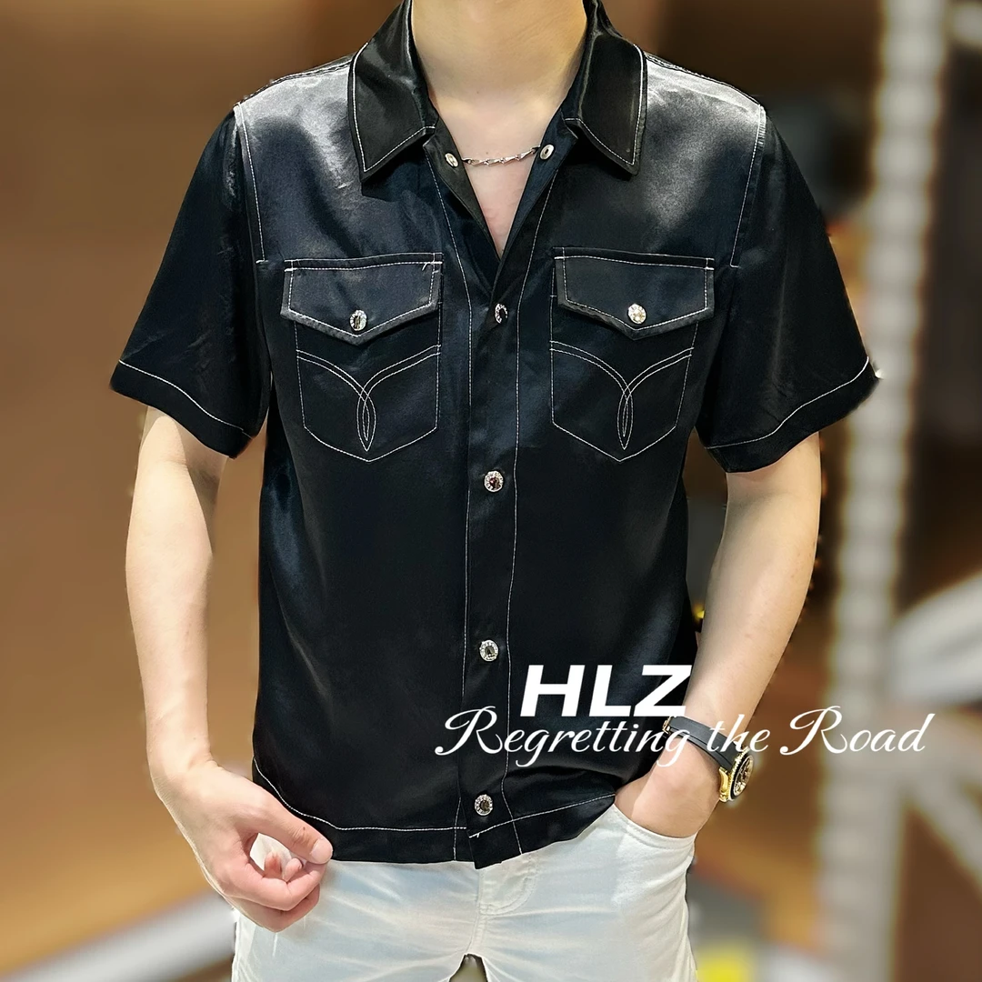 2025夏季新款男士休闲简约纯色百分百醋酸翻领百搭短袖衬衫