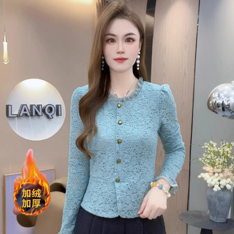 洋气花边领蕾丝打底衫女2025秋冬季新款加绒加厚内搭上衣减龄小衫