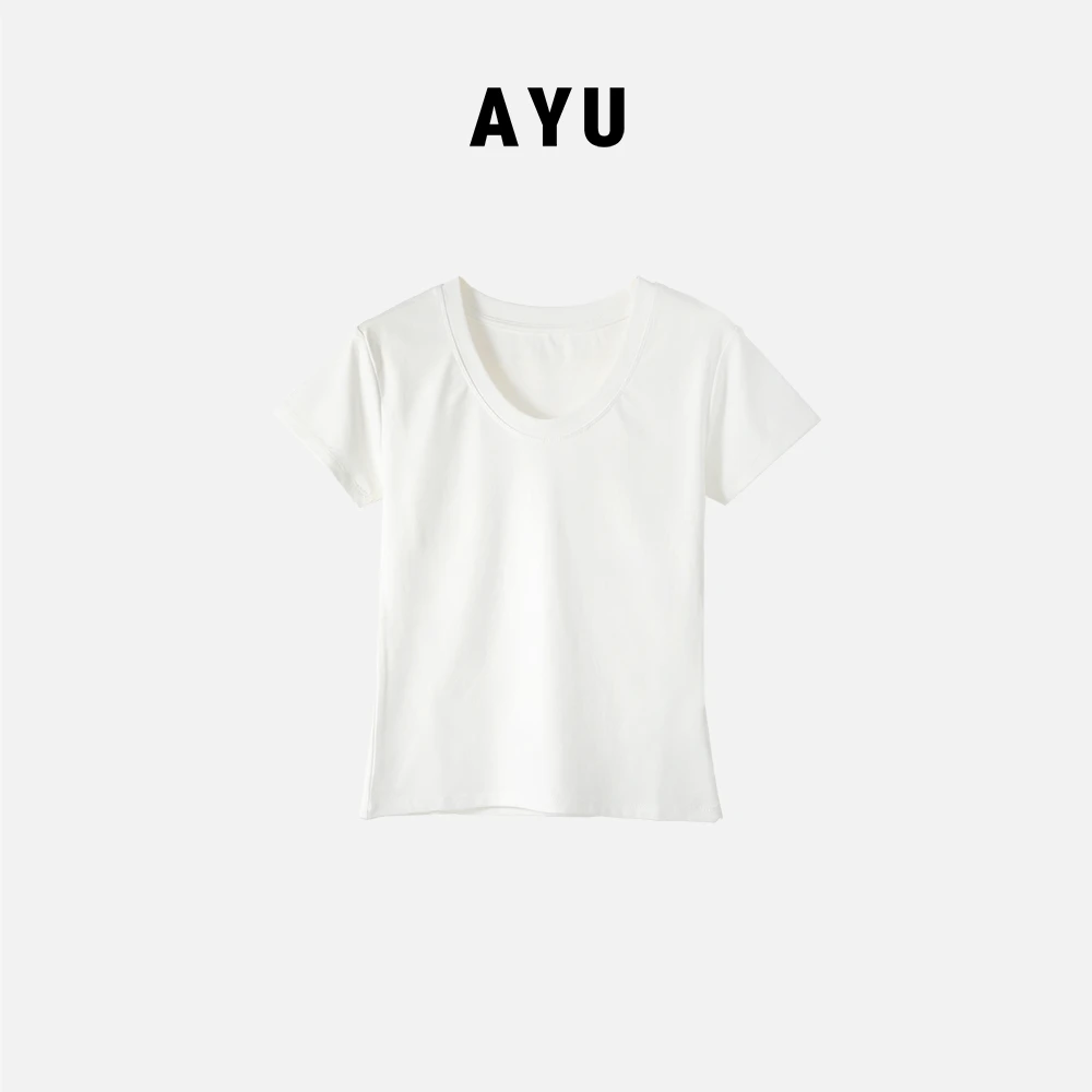 阿玉家&简约款百搭极简风净版短袖新款U领T恤#7643