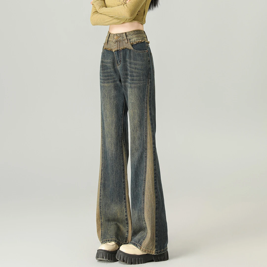 i.tccaabb拼接牛仔裤女款高腰喇叭裤显瘦百搭CABJNX000096L