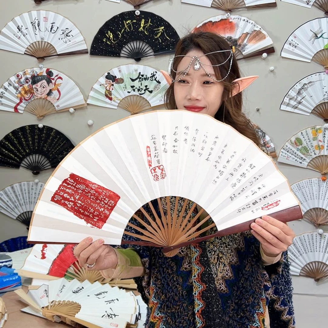 书法十寸红檀-文玩扇-手写-粘好发出