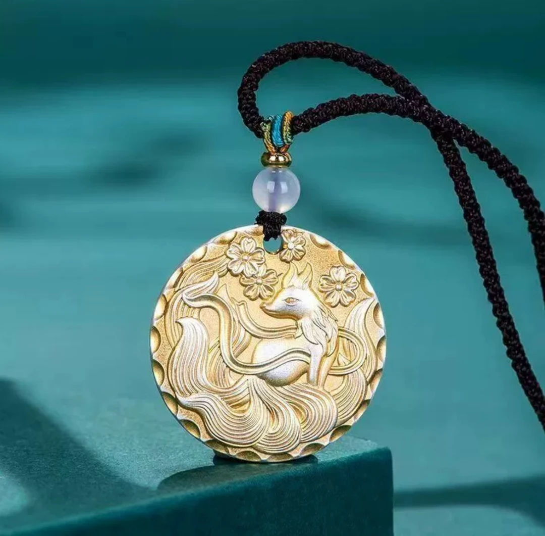 吊坠足银 足银999描金灵狐吊坠实心九尾狐招桃花狐狸银项链挂坠链