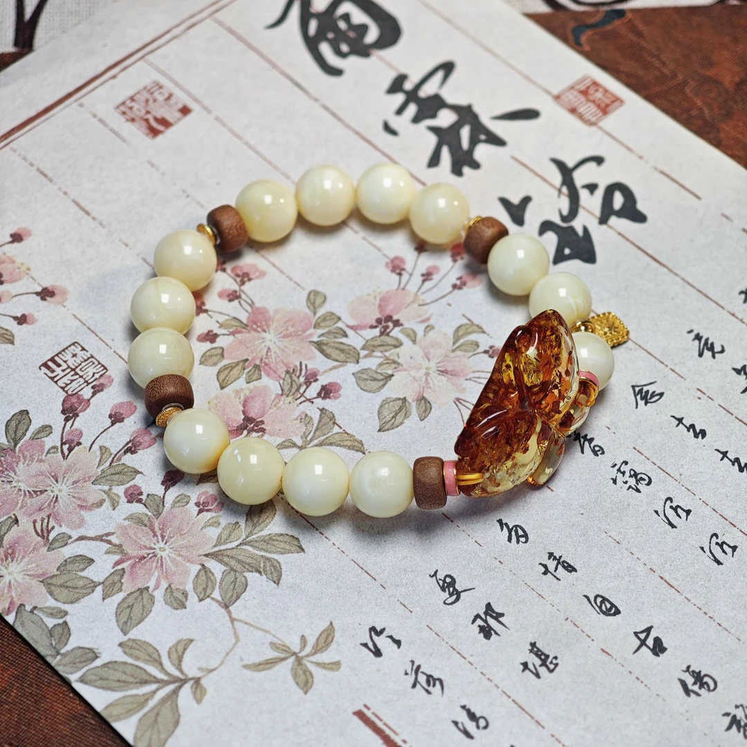 【鸿汐】ZX227203白蜡单圈手串diy蝴蝶花珀&老山檀7-9mm+