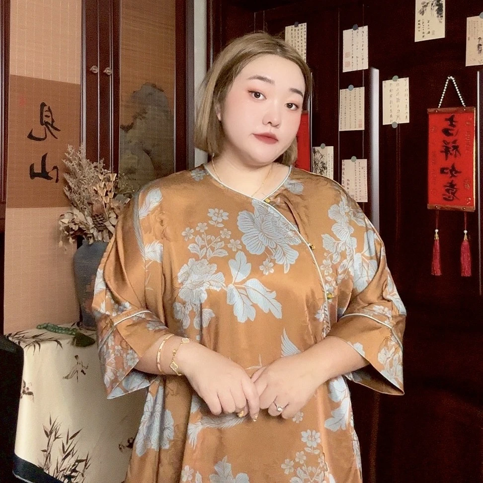 格格大码5008新中式国风斜襟盘扣上衣大衫女早秋高端提花唐装衬衫