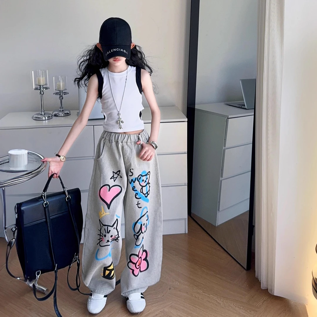 女童夏季套装2025新款背心中大童时尚涂鸦阔腿裤儿童休闲长裤潮酷