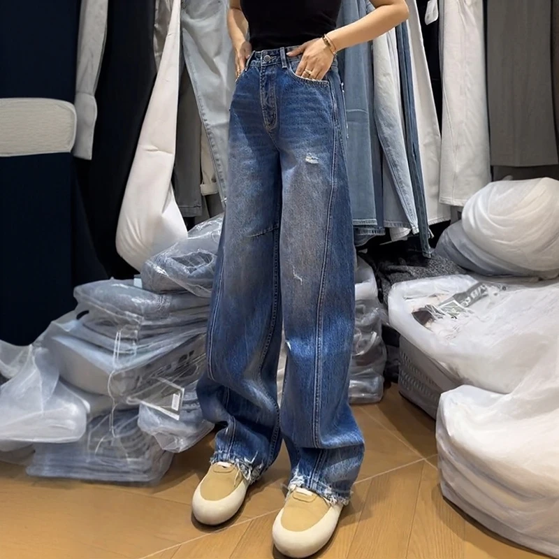 春季2025年新款直筒牛仔裤女弯刀阔腿裤大码胖mm显瘦梨型身材裤潮