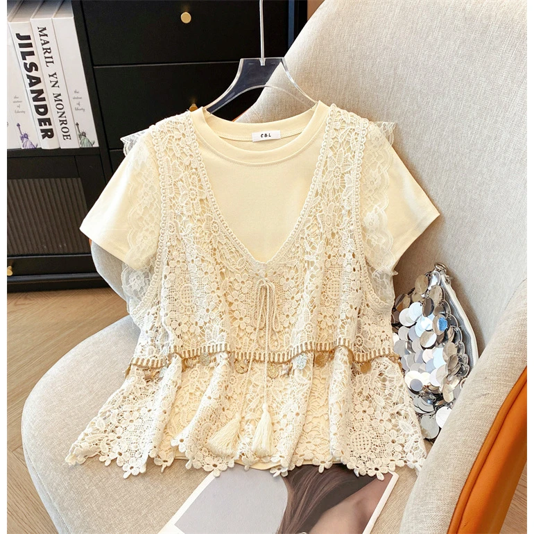 2025夏季新款蕾丝吊带两件套女装套头T恤韩版ins风宽松上衣TT061