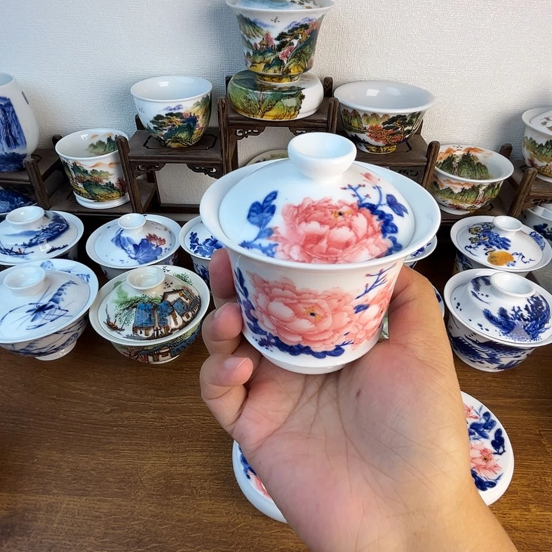 忠意堂釉下彩红牡丹盖碗微瑕不退