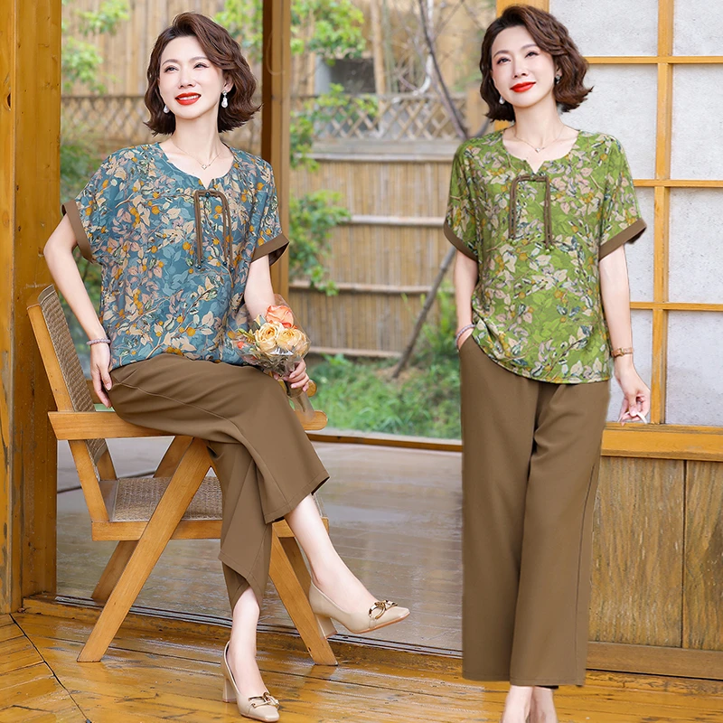 【母亲节】中老年女装夏季薄款碎花妈妈装套装圆领老年人上衣洋气