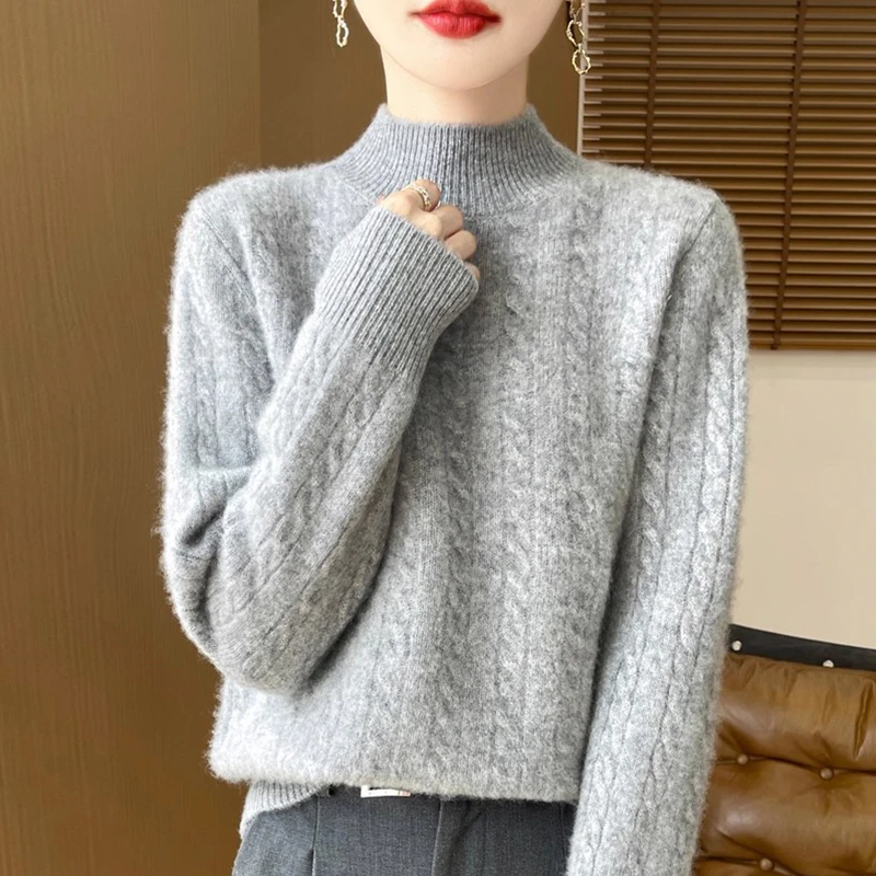 100纯羊毛衫女秋冬新款半高领针织宽松打底衫纯色羊绒衫加厚毛衣