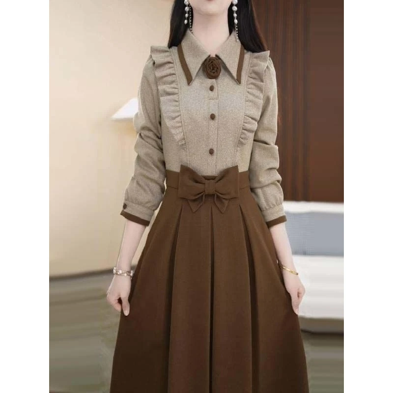 小香风假两件连衣裙女2025秋季新款修身显瘦遮肉时尚轻奢a字裙子