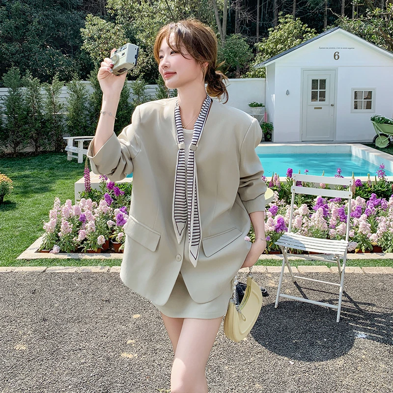 2025春季新款韩版时尚蕾丝飘带气质v领西装外套半身裙两件套装