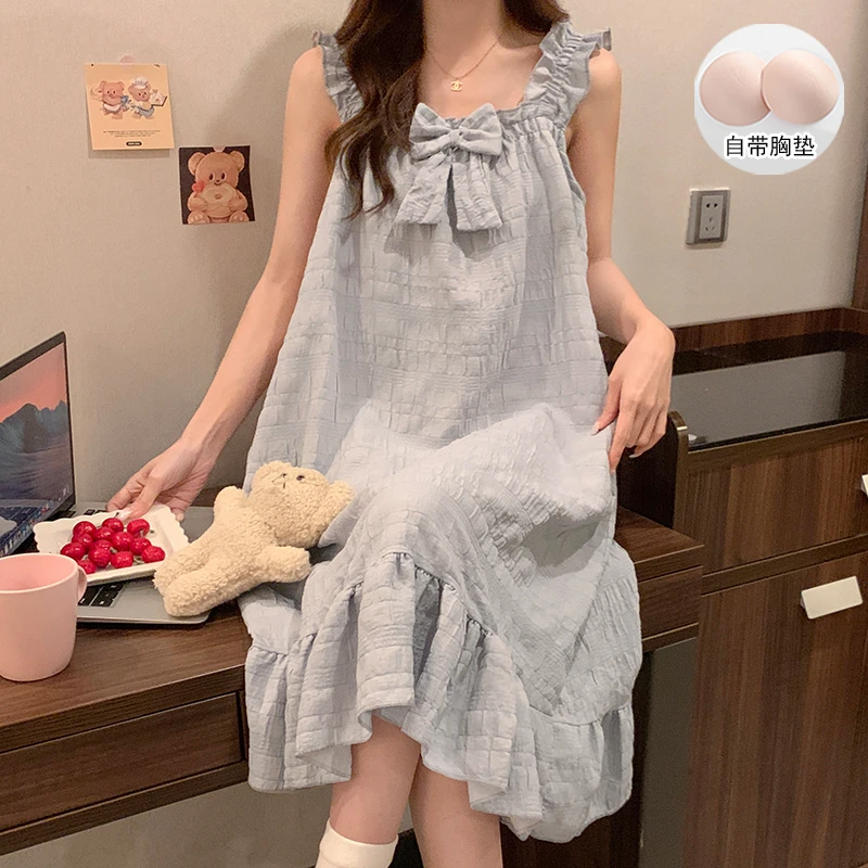 夏季睡衣女新款无袖吊带甜美风可外穿云朵棉薄款中长款睡裙家居服