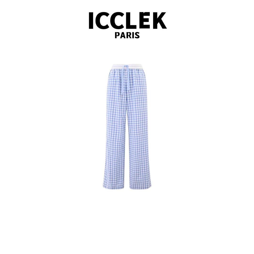 蓝色格子经典休闲阔腿裤-7083