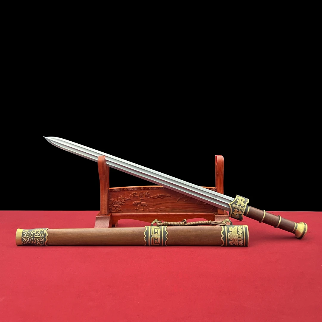 龙泉沈广隆-赵云2.0 双槽 黄铜 龙凤檀 花纹钢 手工 宝剑 未开刃