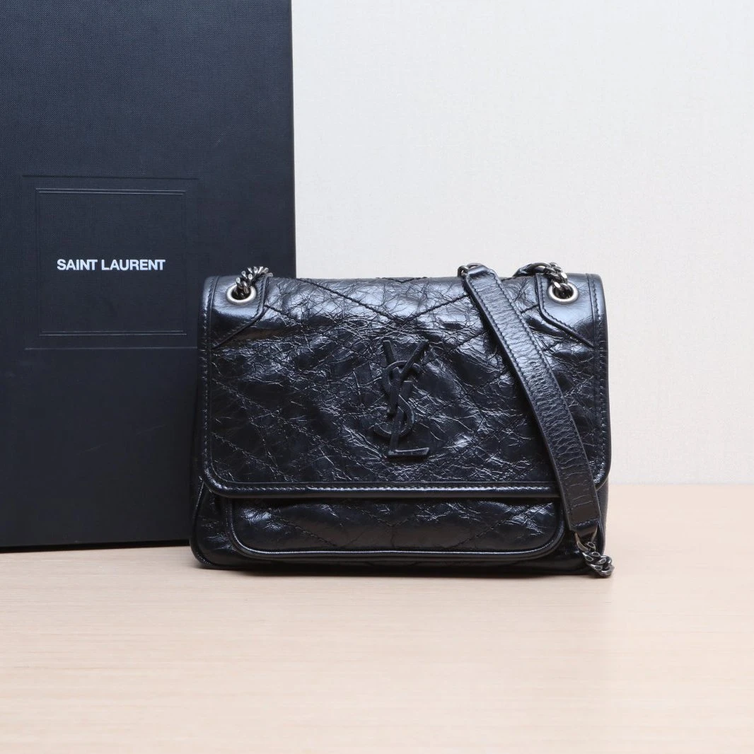 95新 YSL/圣罗兰 小花黑黑Niki Mini 21 D扣 黑色 银扣 斜挎包