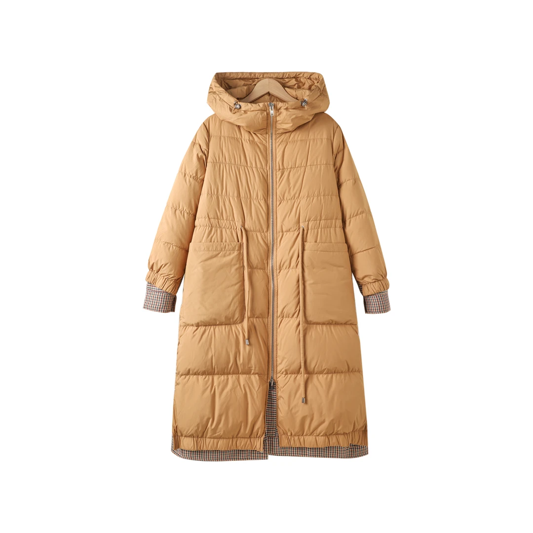 761XE-宽松显瘦保暖长袖连帽鸭绒长款羽绒服女外套