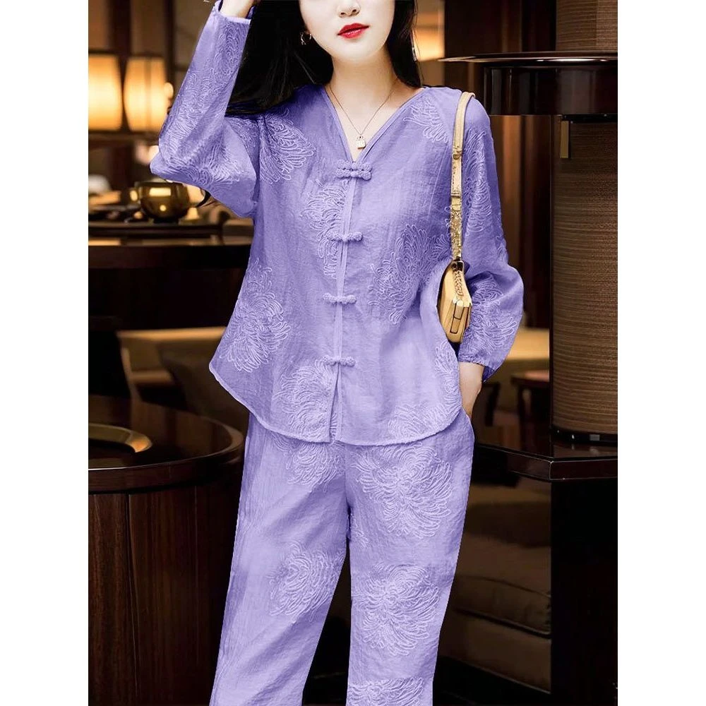 2025年秋季贵气感千金穿搭新中式轻国风紫色上衣直筒裤两件套装女
