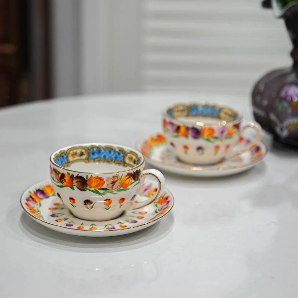 【奇居巍】高白强化瓷描金边郁金香咖啡杯两杯两碟套装#BD082