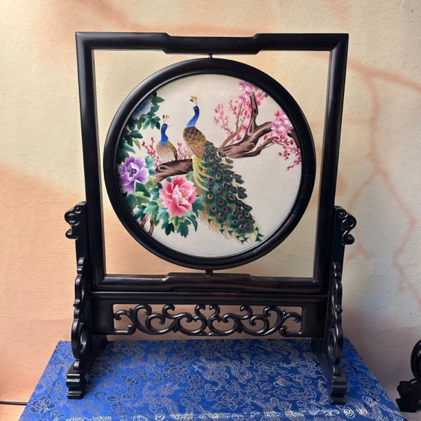 手工苏绣双面绣花好月圆摆件刺绣桑蚕丝新中式图案苏州刺绣古典式