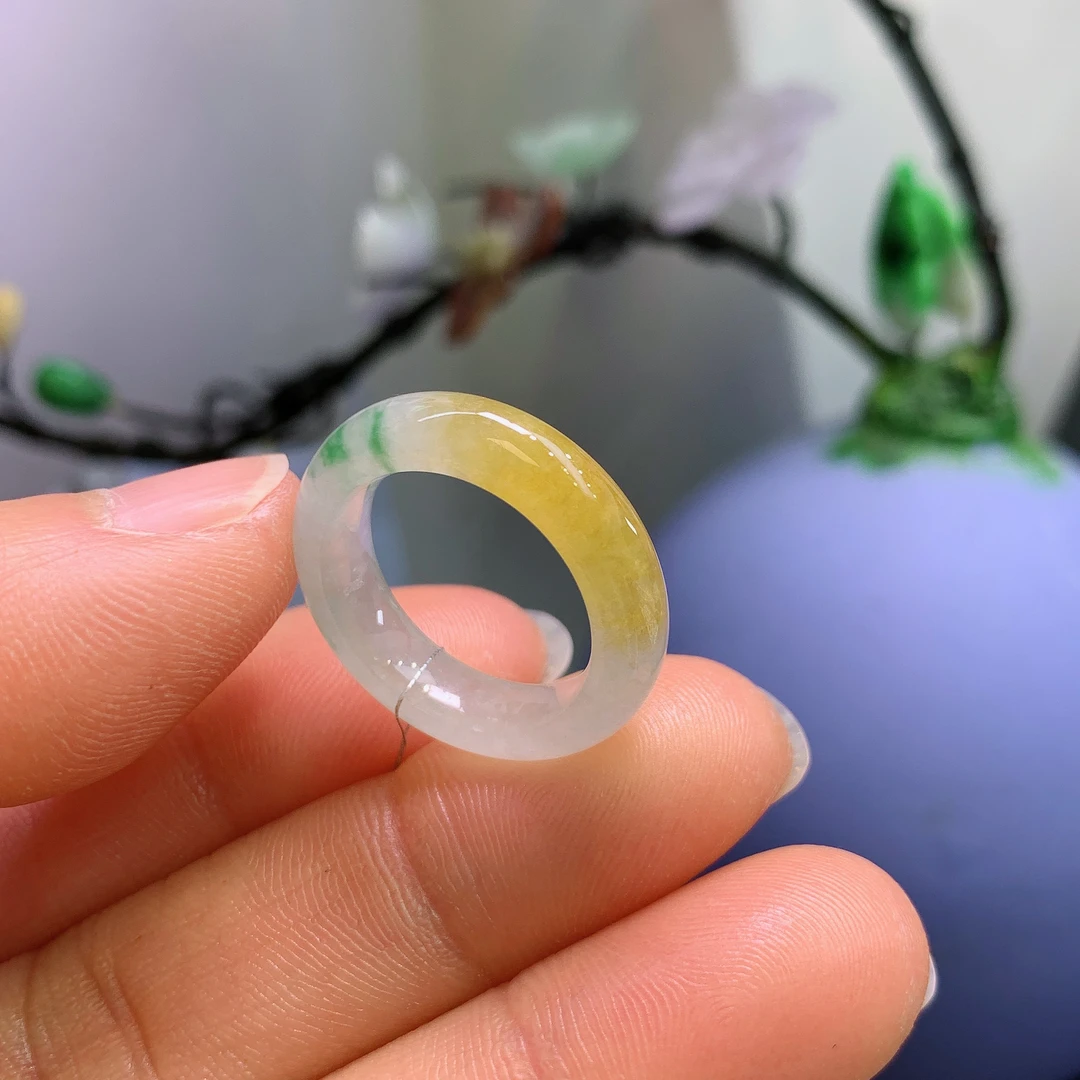 12圈口缅甸天然翡翠A货冰黄三彩戒指A219#