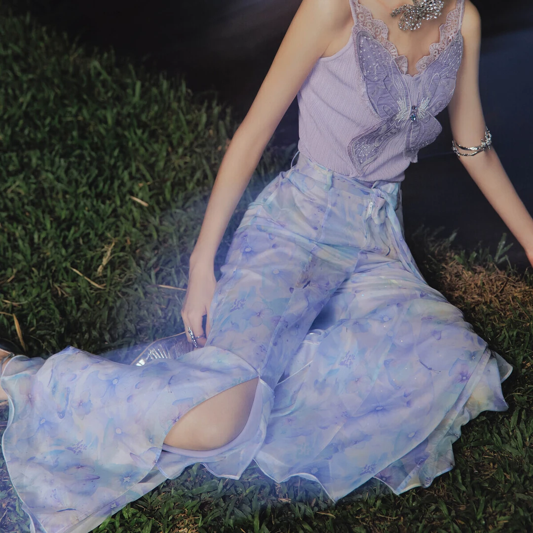 蝴蝶仙紫森系精灵印花阔腿裤长裤