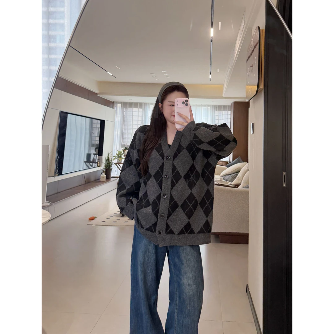 SQ3000#秋冬复古菱格拼色长袖针织开衫百搭慵懒宽松纽扣毛衣外套