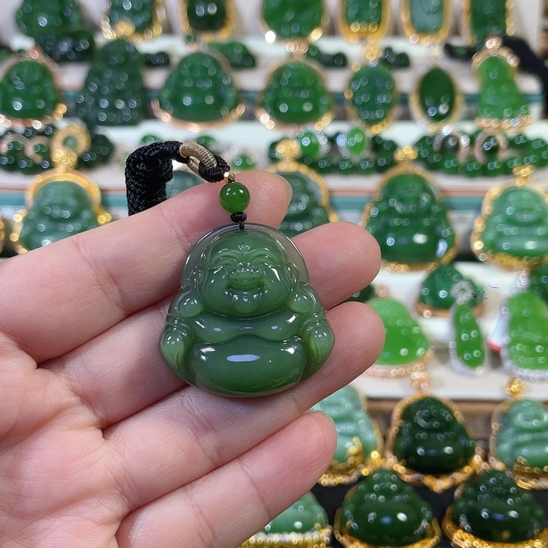 和田玉（碧玉）18K金镶嵌颈饰粉绿佛公33
