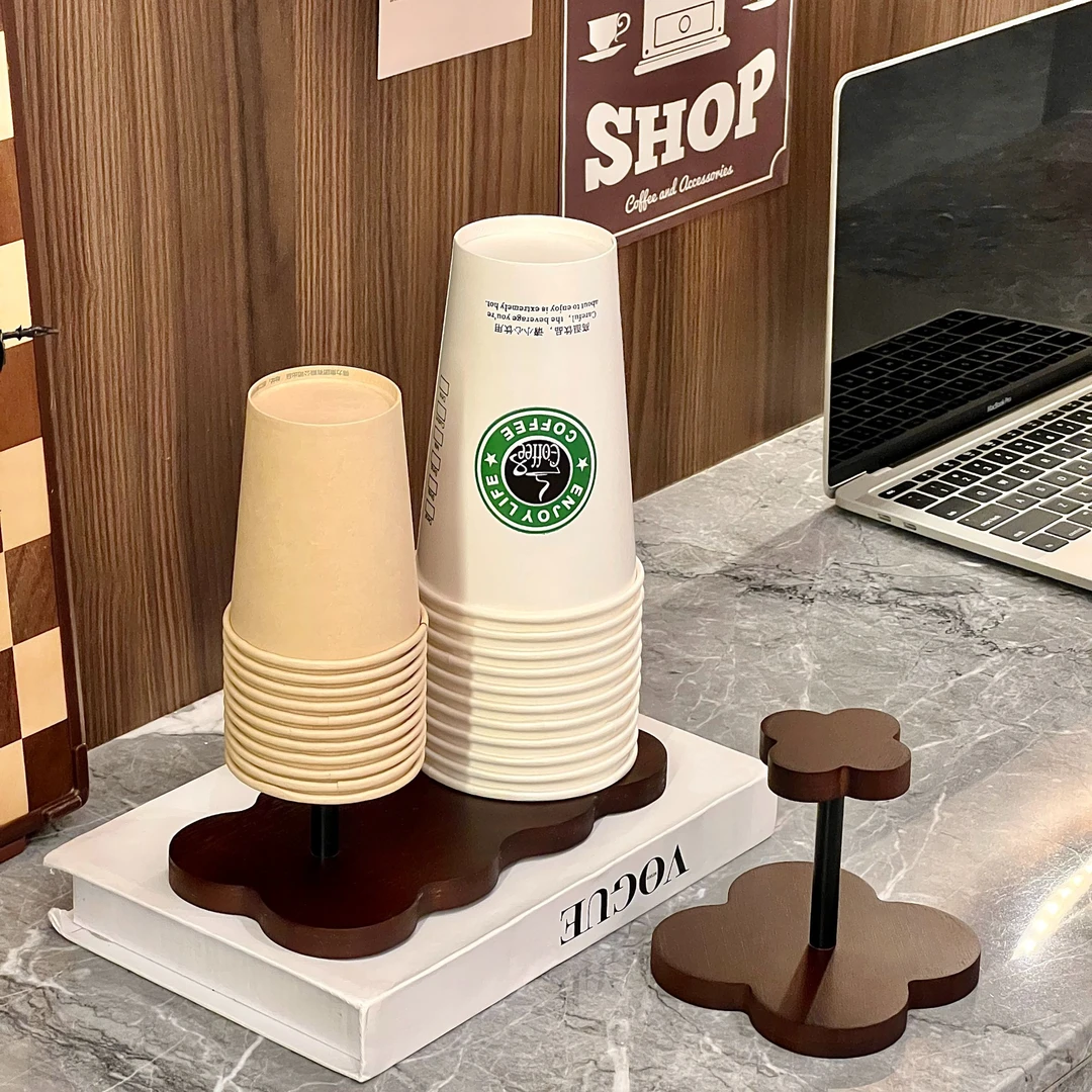 中古风实木一次性杯子取杯器置物架高颜值纸杯放置架咖啡角取杯架