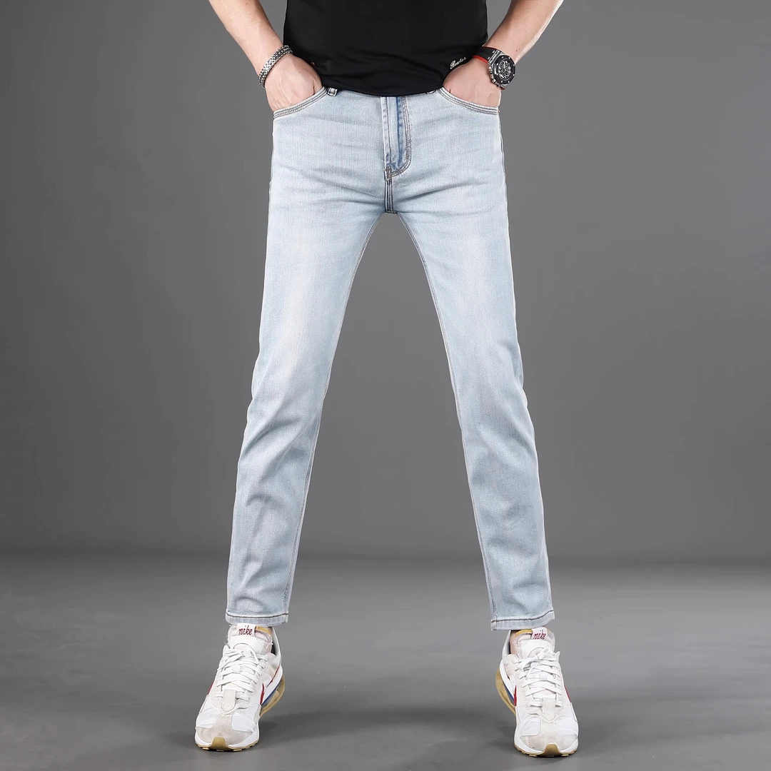 浅蓝色九分牛仔裤男款爆款2025新款夏季薄款修身小脚高端弹力裤子