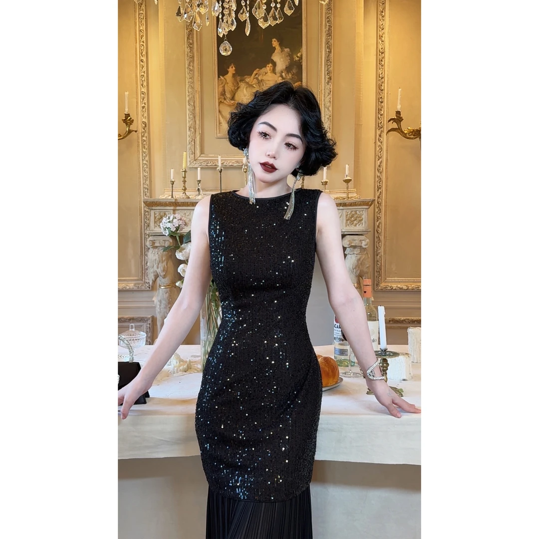 LYXJ【伊蒙德宴会】夏季珠片雪纺拼接连衣裙11227