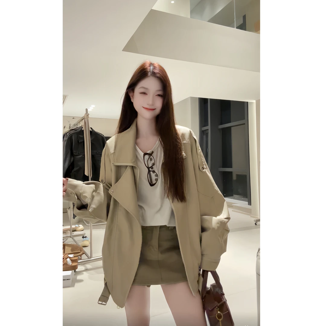 高端肌理感阔版双领机车皮衣女春秋时尚宽松显瘦7718