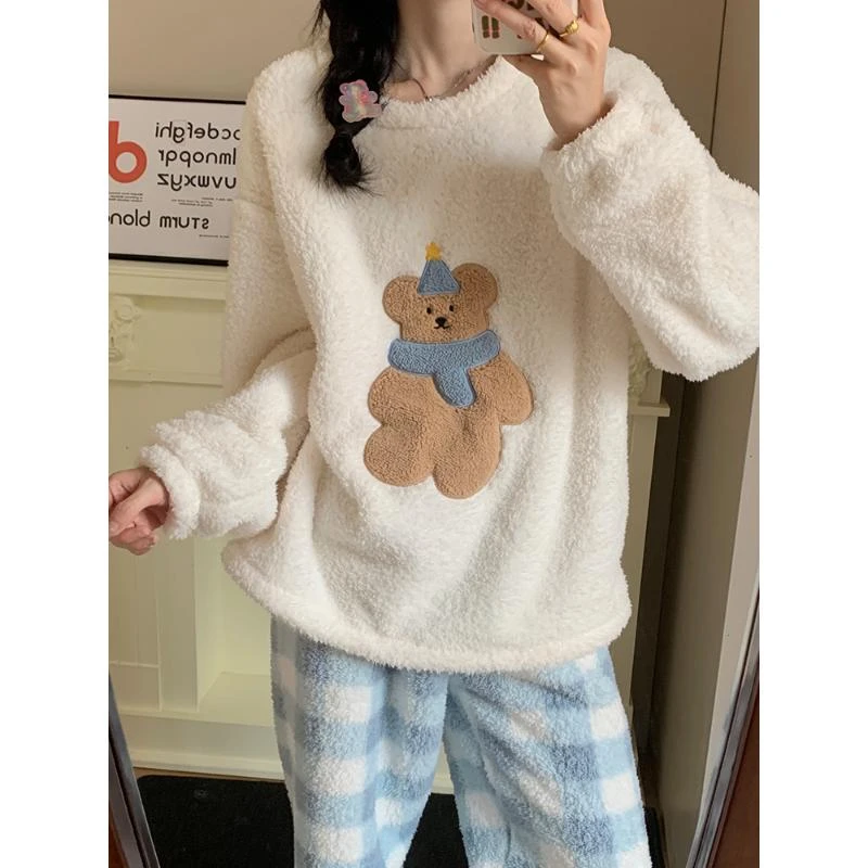 半边绒睡衣女士冬季加绒加厚保暖珊瑚绒卡通可爱家居服套装可外穿