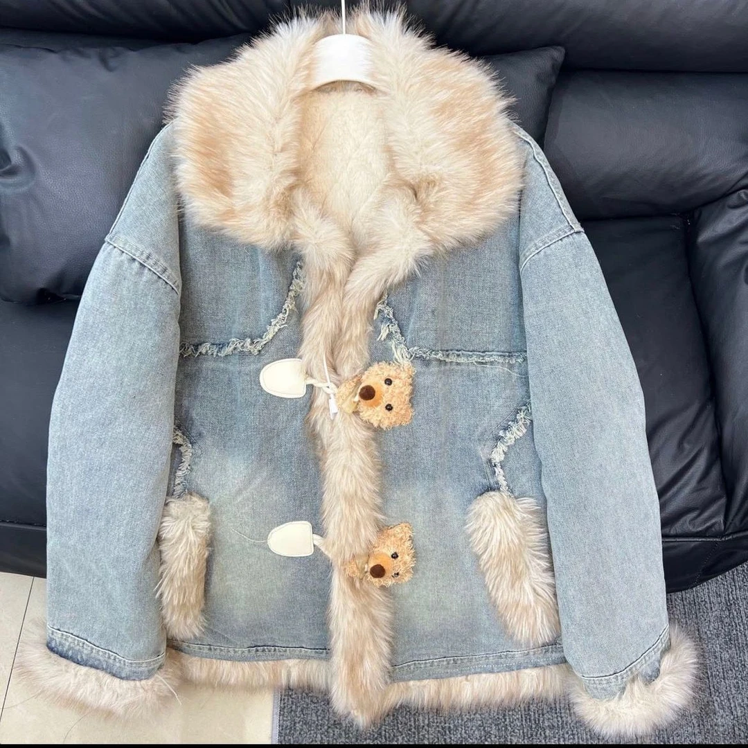 保暖牛仔拼接毛毛外套女冬季宽松高级感百搭加绒加厚夹棉棉衣棉服