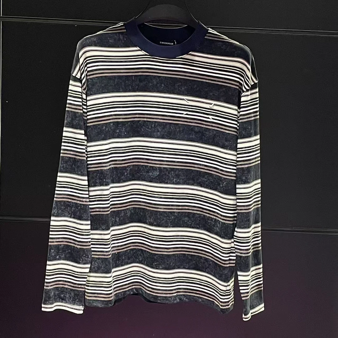 【TIME BOKAN】男士春季新款轻奢潮流时尚百搭条纹圆领长袖T恤77701