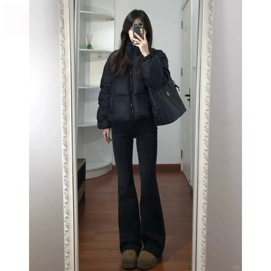 拉夏贝尔冬季加绒微喇牛仔裤女款爆款2025新款小个子显瘦黑色裤子