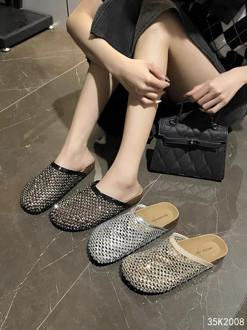新疆平底勃肯鞋女夏季新款水钻包头半拖鞋新款外穿一脚蹬608-1