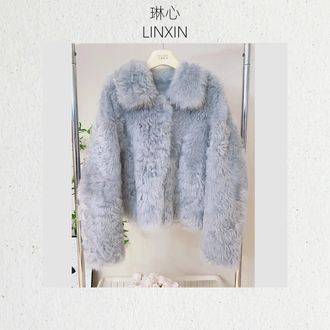 丨秋冬气质百搭时尚轻奢蓝色翻领毛绒感开衫外套0379
