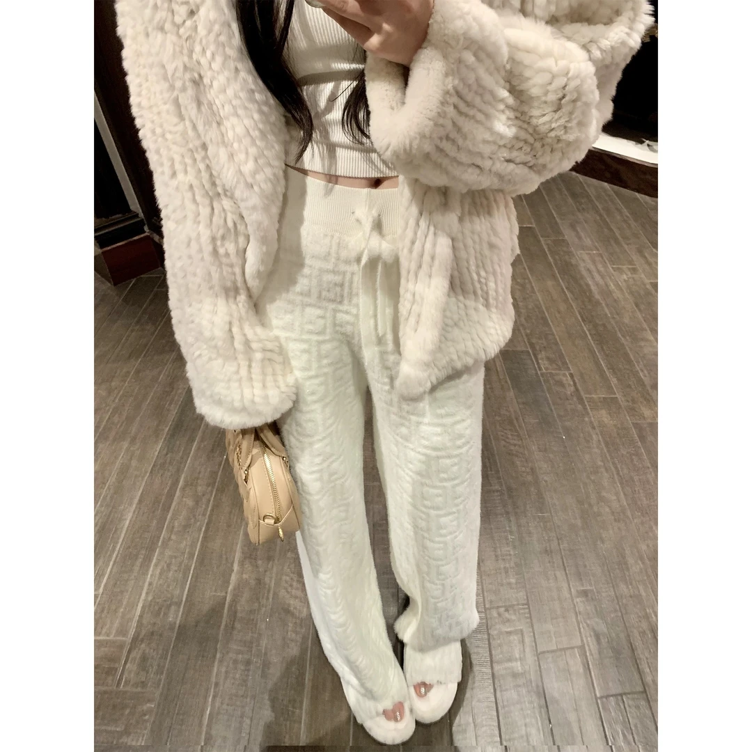 【张稚昂studio】保暖老钱风~休闲百搭毛茸茸高腰仿貂绒针织阔脚裤
