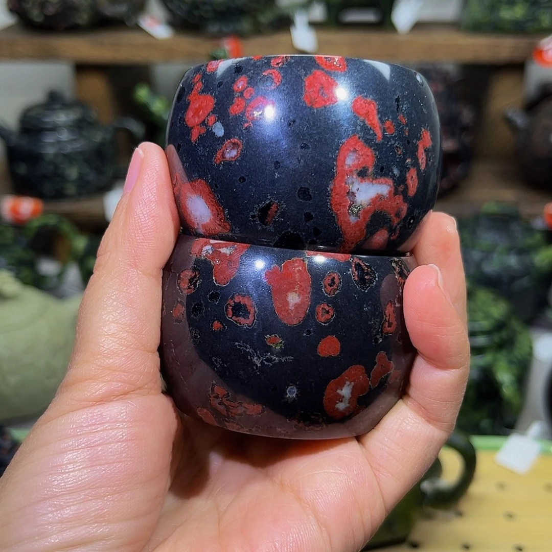 石材梅花玉安山玉精品杯2只