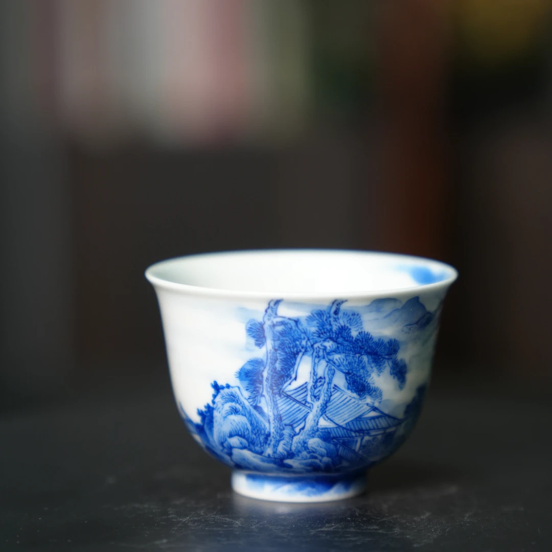九悠阁严选-景德镇-九瓷堂---山水杯纯青花手绘茶杯花纹陶瓷45ML