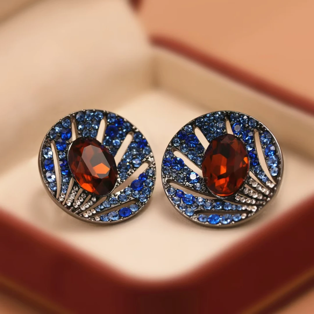 铜合金合成锆石耳饰 复古彩色耳环中古撞色花朵耳钉小众高级耳饰