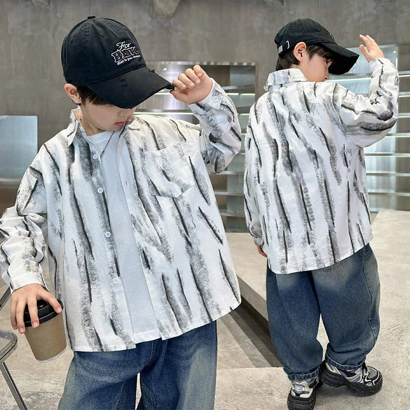 2025新款长袖衬衫男童春秋韩版上衣条纹宽松男孩衬衣外套