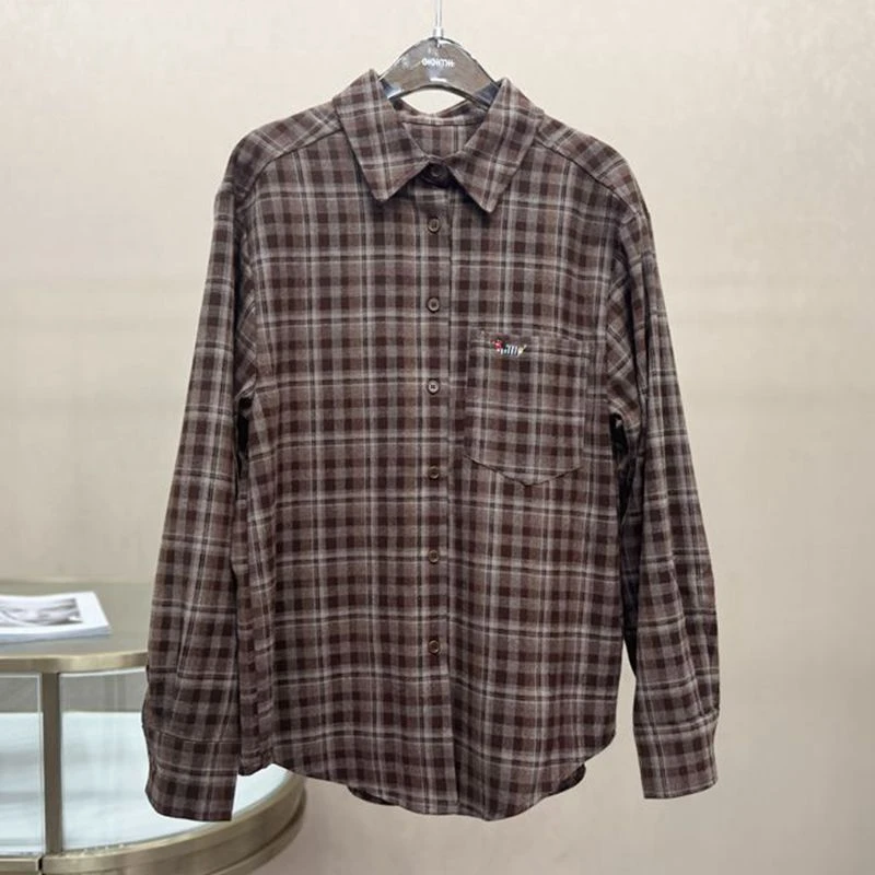 原里（卡布基诺）韩版时尚经典加厚格子休闲宽松复古高级感格纹衬衣