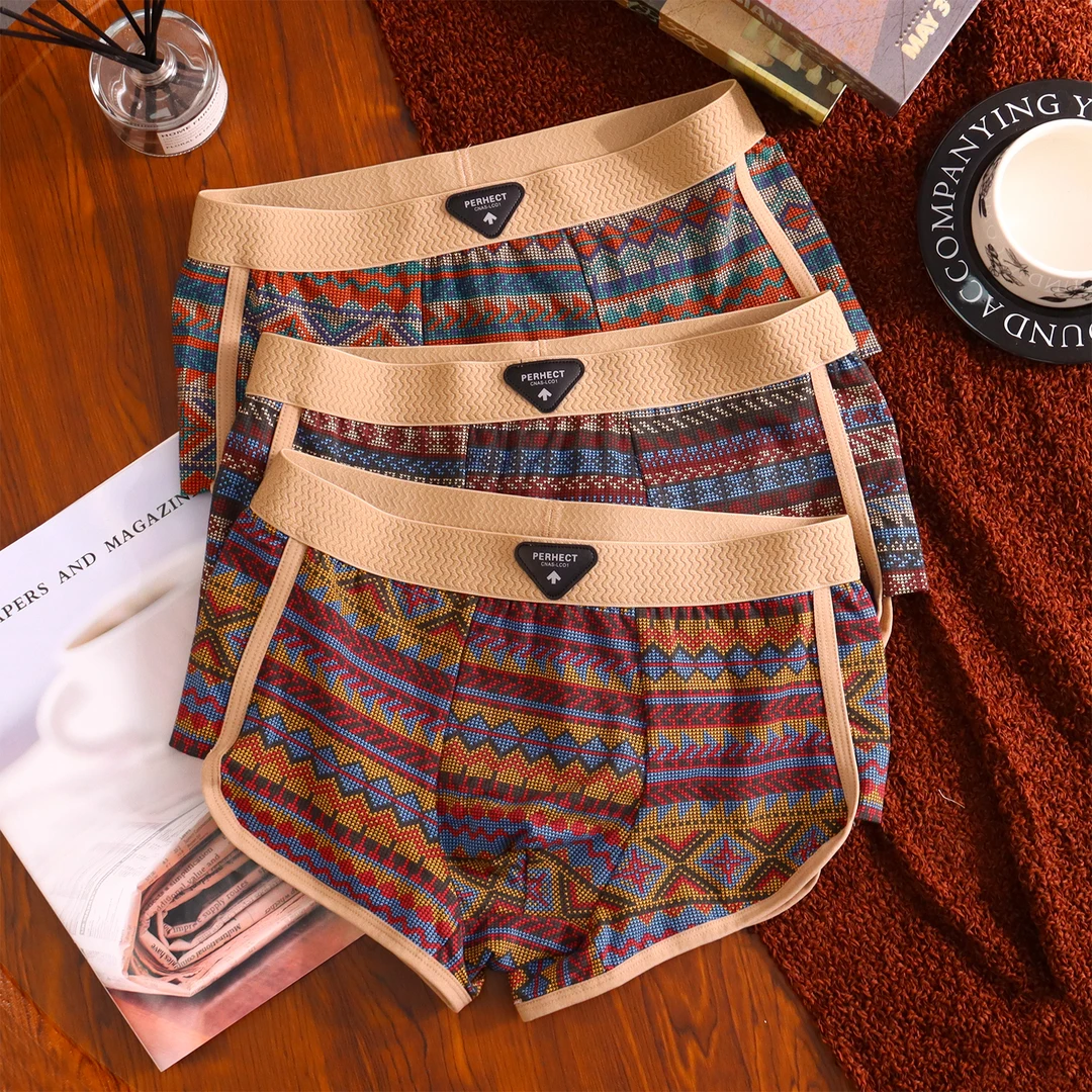 10A抑菌民族风男士内裤四角夏季纯棉时尚个性中腰印花薄款透气