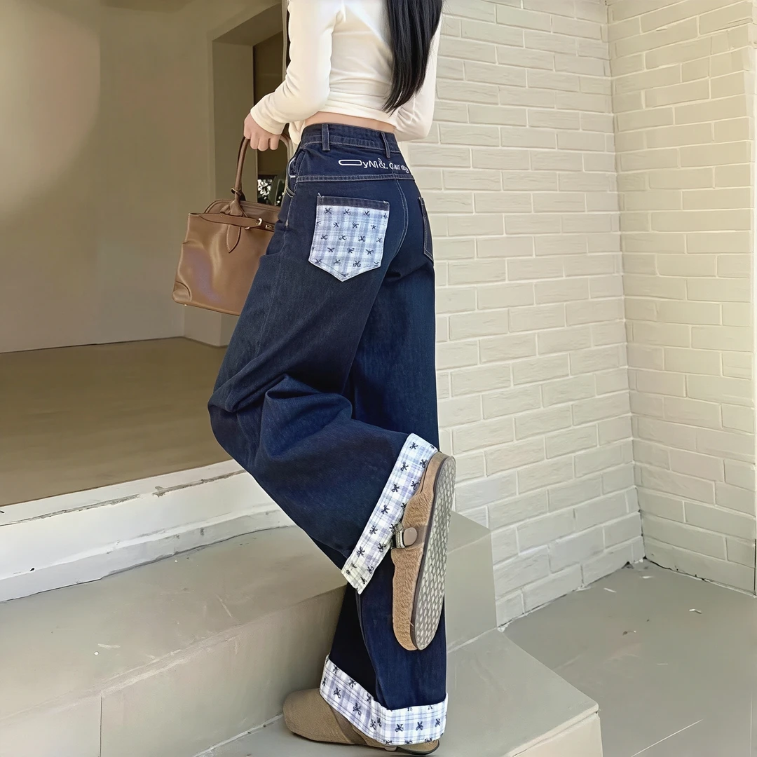 【早秋上新】蝴蝶结格子拼接直筒阔腿牛仔裤女高腰宽松垂感拖地裤潮