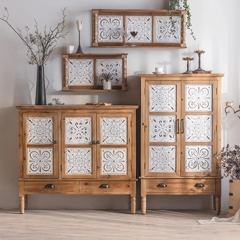 美式复古做旧雕花玄关柜入户客厅实木靠墙餐边柜民宿酒店储物柜子